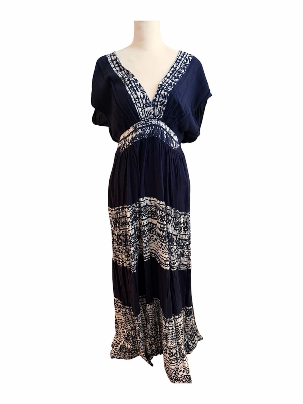 Boho V-Neck Navy and White Maxi Dress Size L